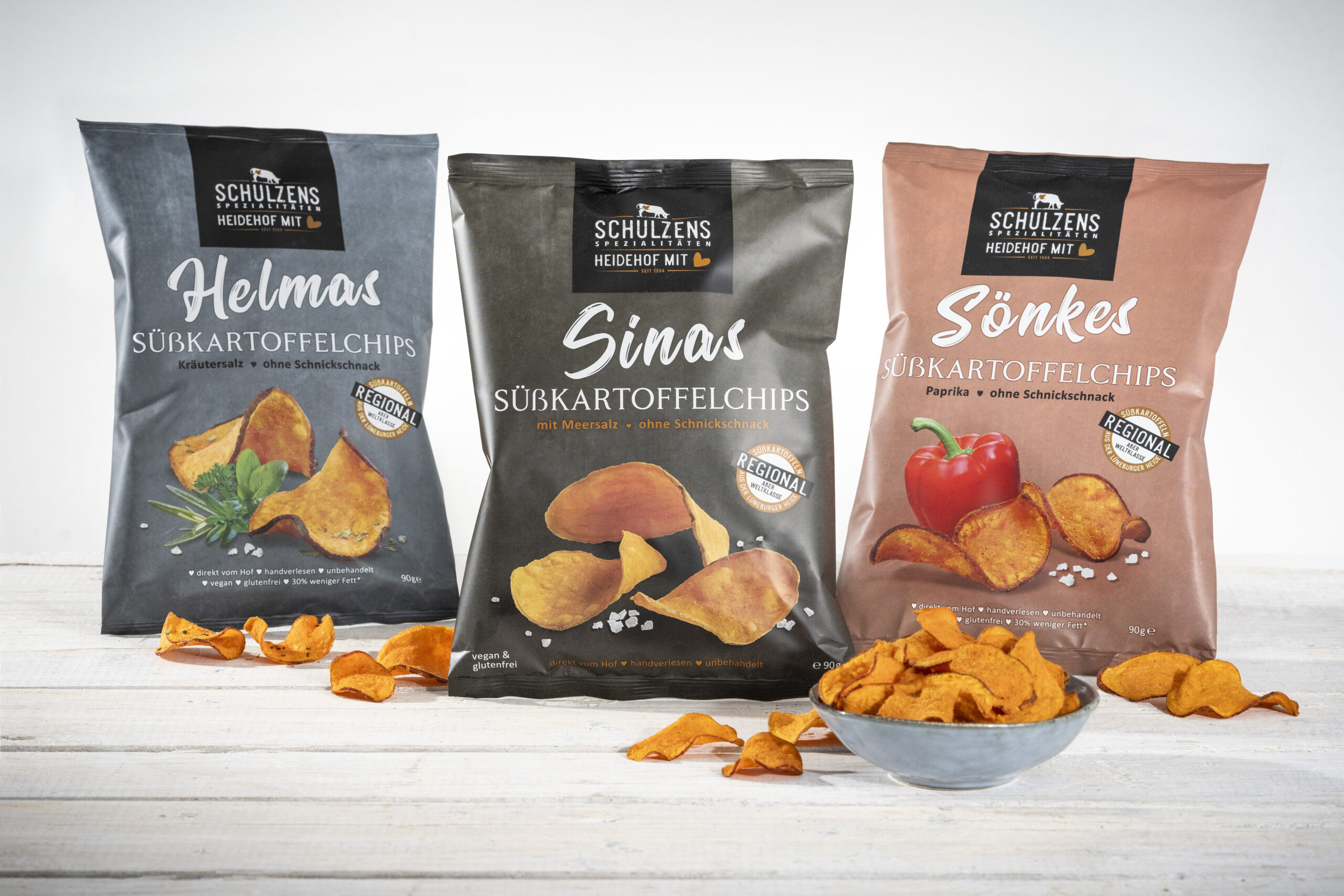 Helmas, Sinas und Sönke Süßkartoffelchips. Direkt vom Hof aus der Lüneburger Heide.